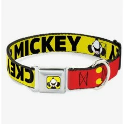 Discount ⌛ Disney Mickey Smiling Up Pose Flip Buttons Yellow Black Red Seatbelt Buckle 🐕 Dog Collar 🥰