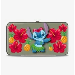 Budget 👏 Disney Lilo & Stitch Hula Pose Front Back Hibiscus Flowers Pineapples Hinged Wallet 👏