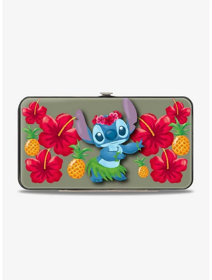 Budget 👏 Disney Lilo & Stitch Hula Pose Front Back Hibiscus Flowers Pineapples Hinged Wallet 👏