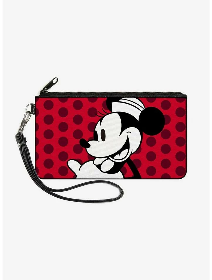 Budget ⭐ Disney Vintage Minnie Mouse Smiling Pose Close Up Dots Wallet Canvas Zip Clutch 🤩