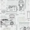 Discount 🔔 Disney Pixar Cars Grey And White Schematic Peel & Stick Wallpaper 🤩