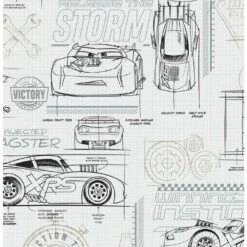 Discount 🔔 Disney Pixar Cars Grey And White Schematic Peel & Stick Wallpaper 🤩