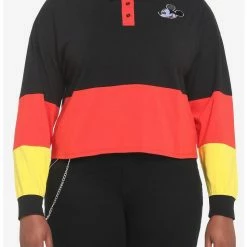 Best Sale ✨ Disney Mickey Mouse Color-Block 👧 Girls Crop Long-Sleeve Polo 👚 Shirt Plus Size ❤️