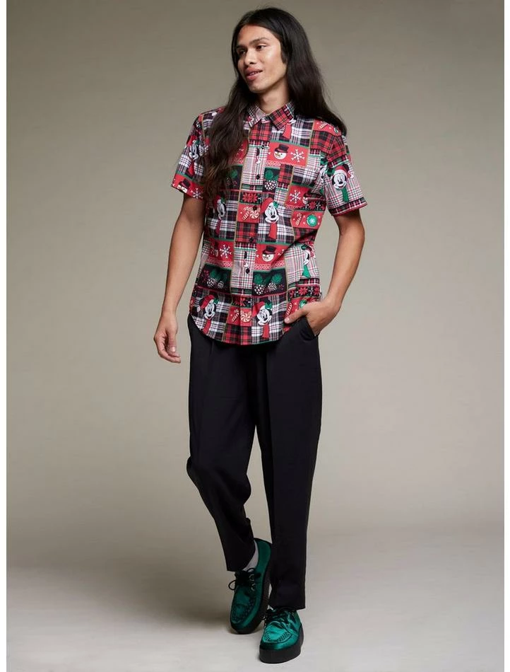 Budget 😀 Our Universe Disney Holiday Gift Wrap Patchwork Woven Button-Up ✔️ - Image 2