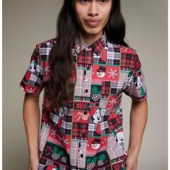 Budget 😀 Our Universe Disney Holiday Gift Wrap Patchwork Woven Button-Up ✔️
