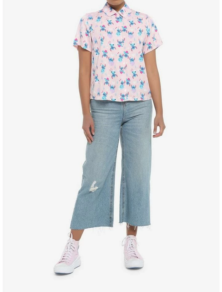 Cheap 🌟 Disney Lilo & Stitch Hearts Pink 👧 Girls Woven Button-Up 👍 - Image 2