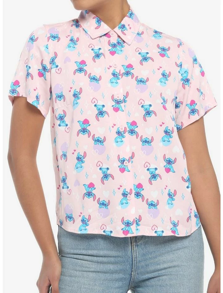 Cheap 🌟 Disney Lilo & Stitch Hearts Pink 👧 Girls Woven Button-Up 👍