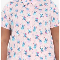 New 🤩 Disney Lilo & Stitch Hearts Pink 👧 Girls Woven Button-Up Plus Size ✔️
