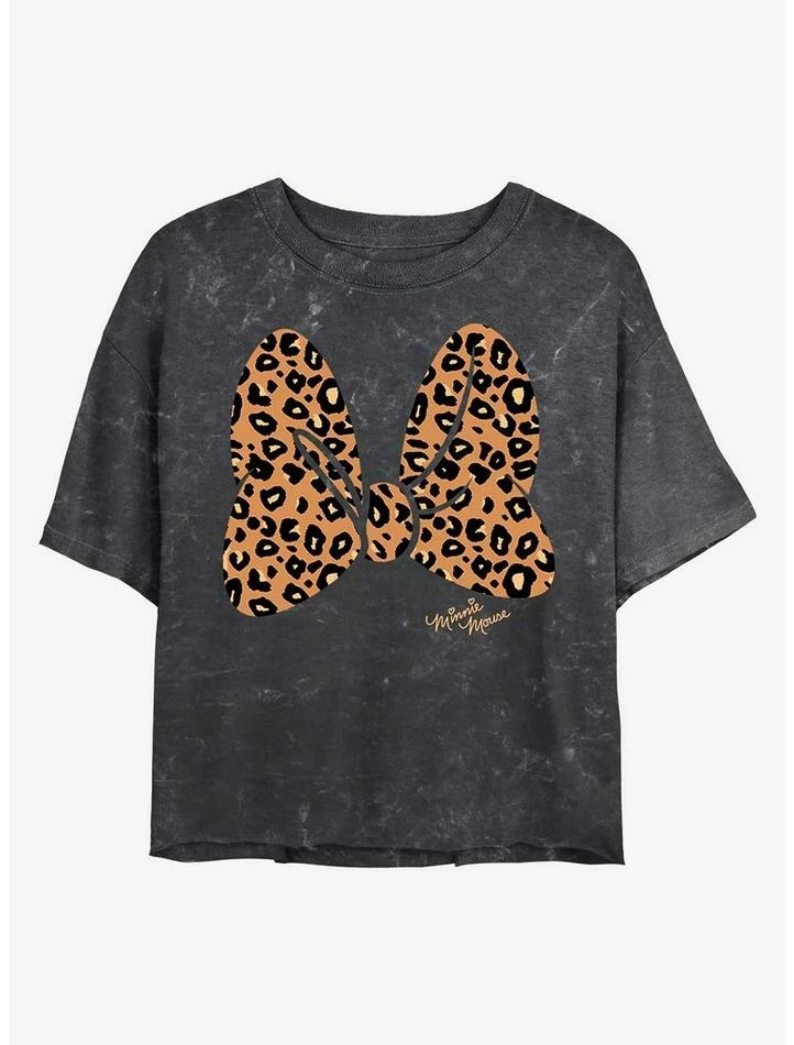 Best Sale 🎁 Disney Minnie Mouse Animal Print Bow Mineral Wash Crop 👧 Girls T-Shirt 🎁