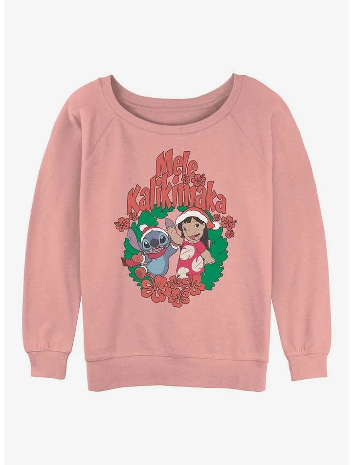 Promo ✨ Disney Lilo & Stitch Mele Kalikimaka Wreath 👧 Girls Slouchy Sweatshirt 🤩