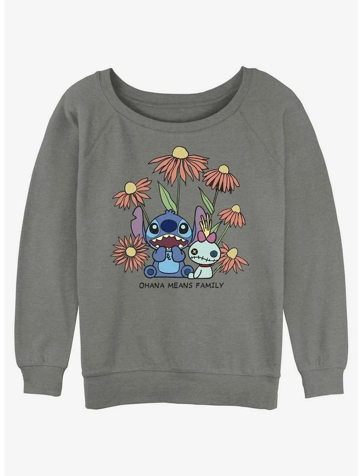 Hot Sale โญ Disney Lilo & Stitch Chibi Floral Stitch and Scrump ๐ง Girls Slouchy Sweatshirt ๐งจ