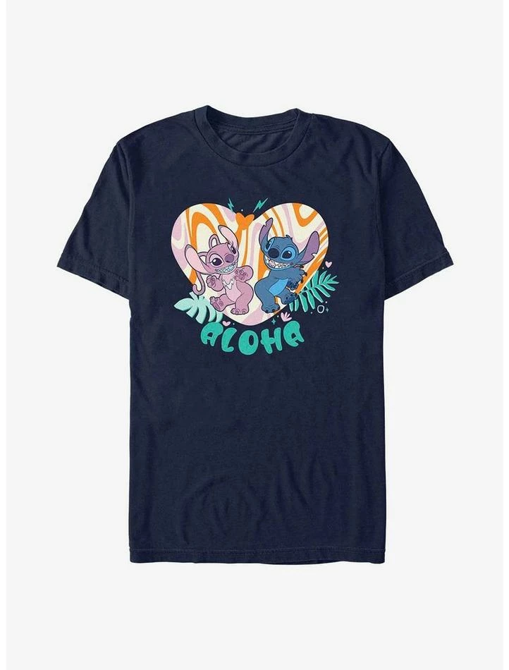 Discount ๐ฏ Disney Lilo & Stitch Angel and Stitch Groovy Heart T-Shirt โญ