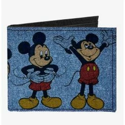 Outlet 💯 Disney Mickey Mouse 4 Mousercise Poses Denim Canvas Bifold Wallet 🔥