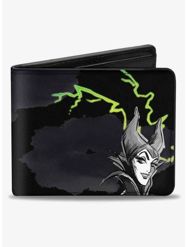 Cheapest ๐ Disney Maleficent Smiling Sketch Lightning Clouds Bifold Wallet ๐