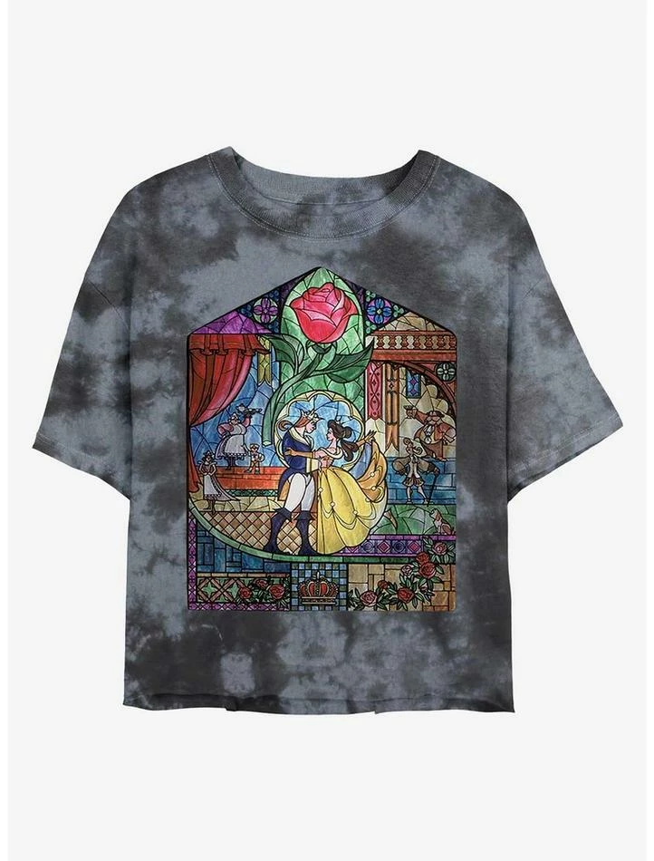 New 🎁 Disney Beauty and the Beast Glass Beauty Tie-Dye 👧 Girls Crop T-Shirt 🤩