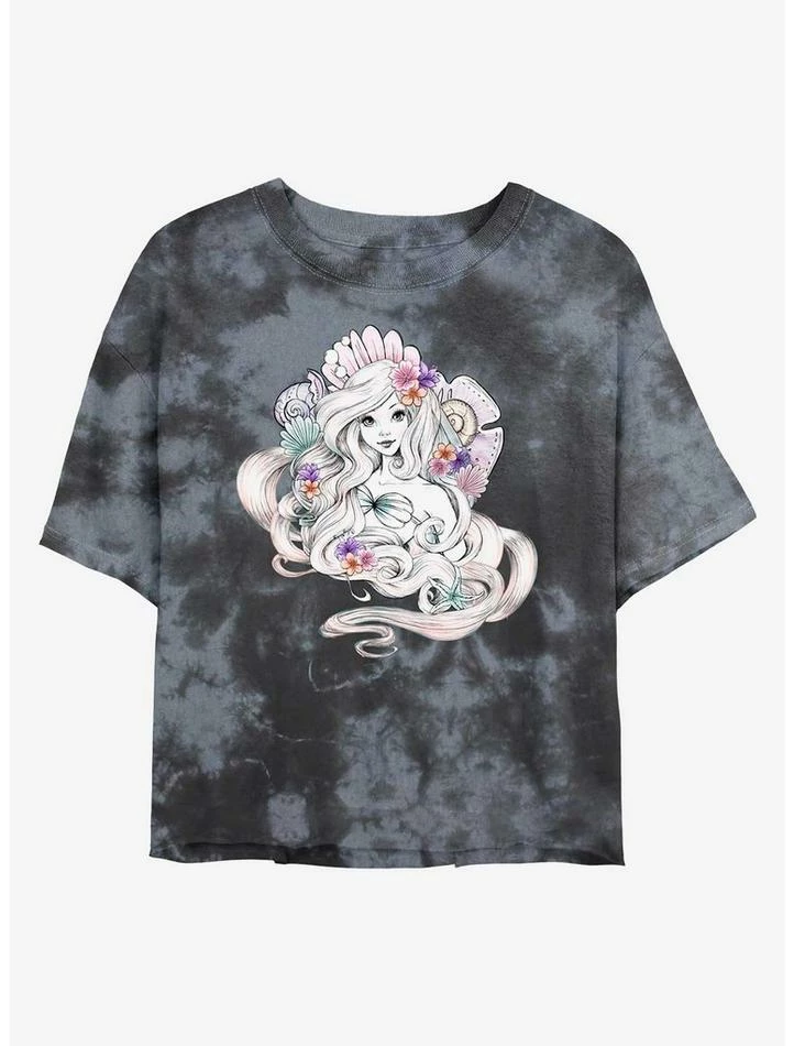 New ✔️ Disney The Little Mermaid Sea Shells Tie-Dye 👧 Girls Crop T-Shirt 🔥